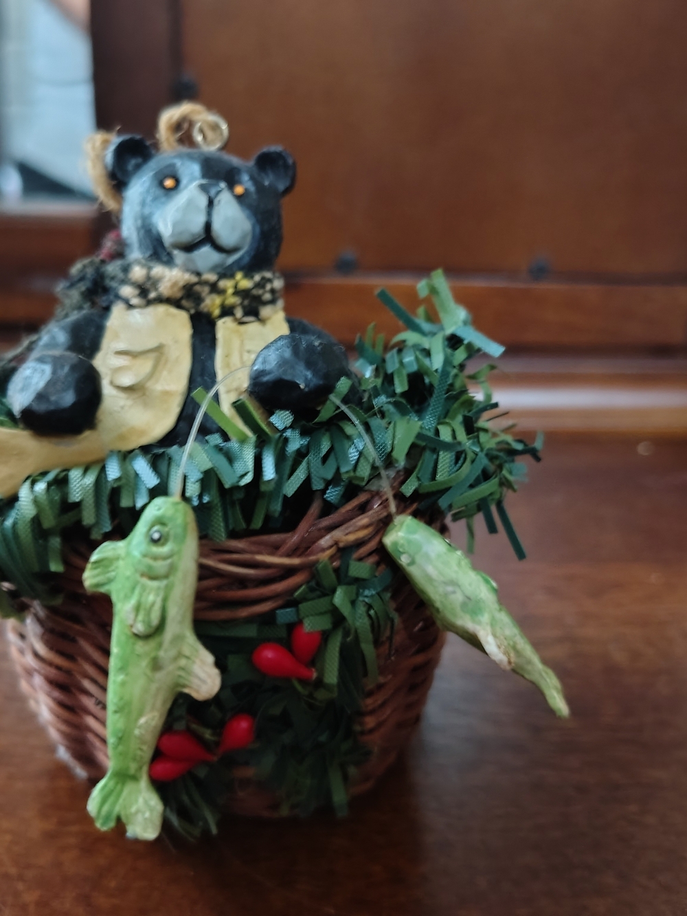 Handcrafted Black Bear Basket Accent with Green Fish Ornaments